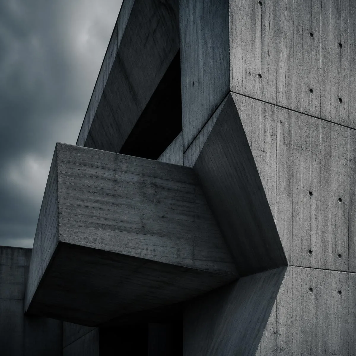 Brutalist concrete facade with deep shadows